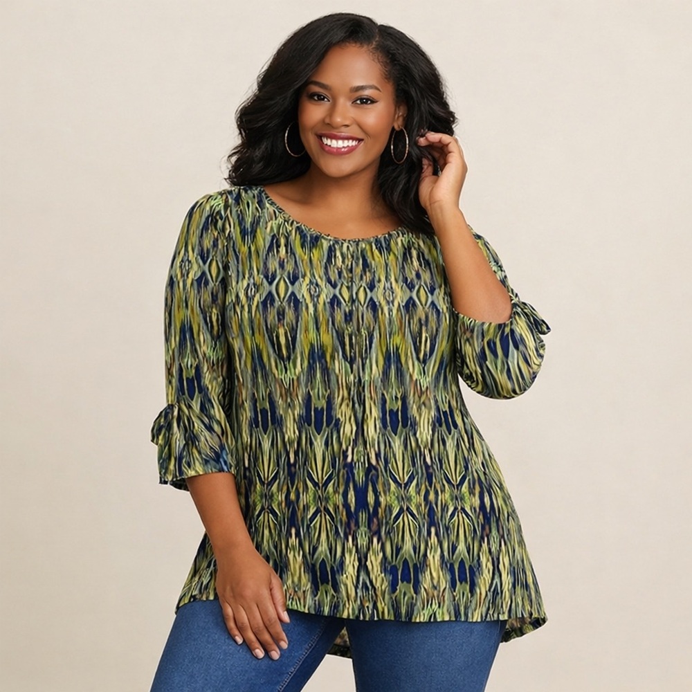 Belle by Kim Gravel Micropleat V-Neck Printed Blouse in Pine - Size L